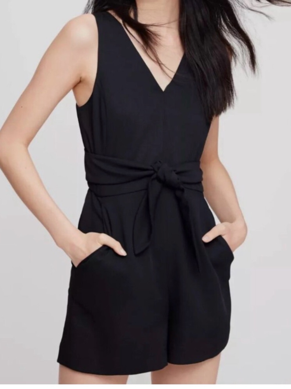 Wilfred Black V-Neck Tie-Waist Romper with Pockets